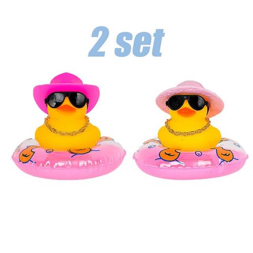 Car Duck Car Rubber Dashboard Decorations Ornament Rubber Duck with Mini Swim Ring Sun Cowboy Hat Necklace