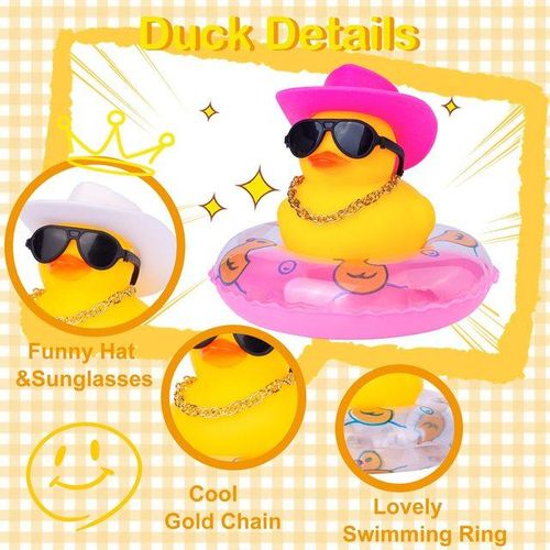 Car Duck Car Rubber Dashboard Decorations Ornament Rubber Duck with Mini Swim Ring Sun Cowboy Hat Necklace