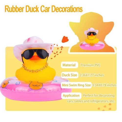 Car Duck Car Rubber Dashboard Decorations Ornament Rubber Duck with Mini Swim Ring Sun Cowboy Hat Necklace