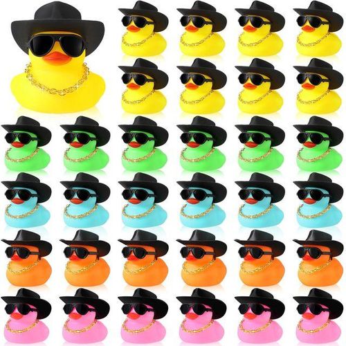 12/24/36 Sets Cowboy Rubber Ducks Bulk for Ducking Cool Rubber Ducks Rubber Ducks with Mini Hat Necklace Bath Toy
