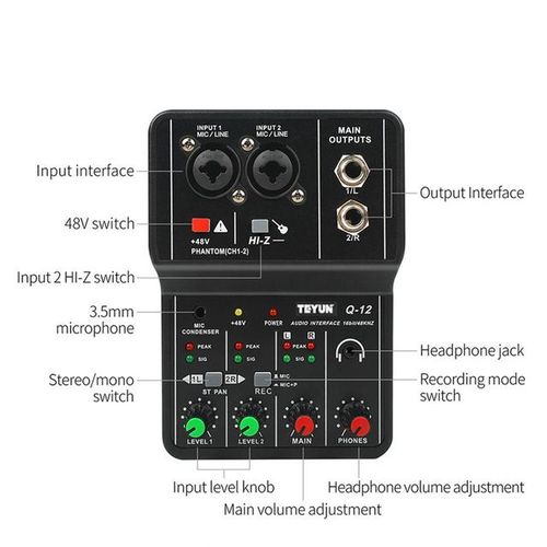 Q-12 Audio Mixer Professional Sound Board Console Desk System Interface 4 Channel 48v Power Stereo Computer Sound Card