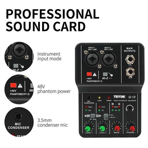 Q-12 Audio Mixer Professional Sound Board Console Desk System Interface 4 Channel 48v Power Stereo Computer Sound Card