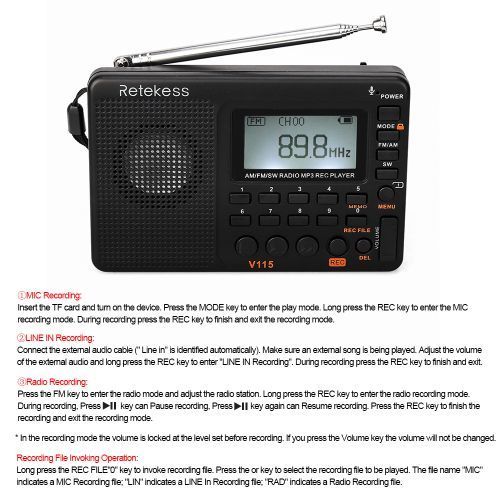 Retekess V-115 FM/AM/SW Radio Multiband Radio Receiver REC Recorder Bass Sound MP3 Player Speakers With Sleep Timer Black