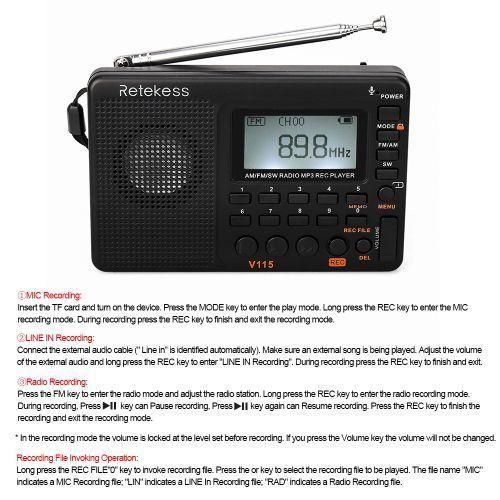 Retekess V-115 FM/AM/SW Radio Multiband Radio Receiver REC Recorder Bass Sound MP3 Player Speakers With Sleep Timer Black NO5112