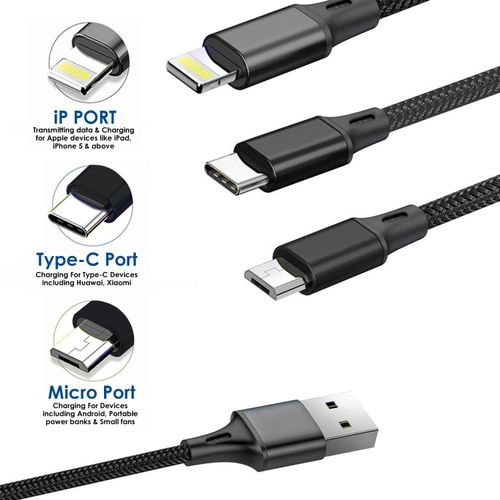 1.2 Meter 3 In 1 Multi Charger Cable Fast Charging Charger Cable With Lightning,Type C,Micro USb Port 3 In 1 Multi Charging Cable-Black