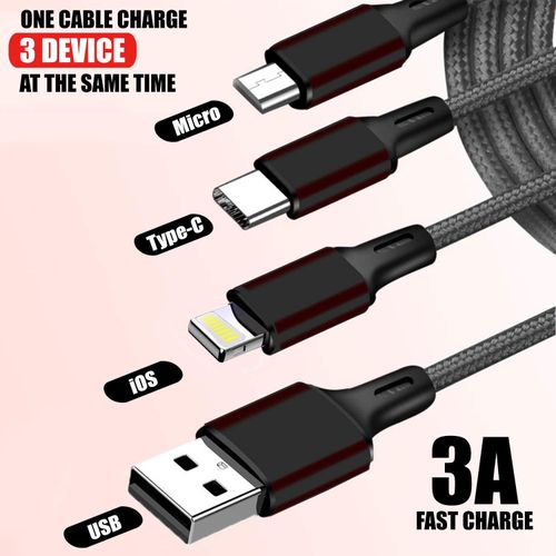 1.2 Meter 3 In 1 Multi Charger Cable Fast Charging Charger Cable With Lightning,Type C,Micro USb Port 3 In 1 Multi Charging Cable-Black