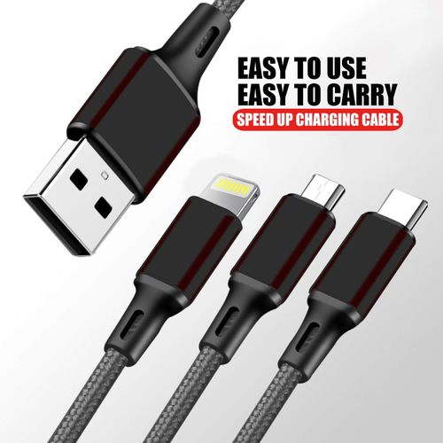 1.2 Meter 3 In 1 Multi Charger Cable Fast Charging Charger Cable With Lightning,Type C,Micro USb Port 3 In 1 Multi Charging Cable-Black