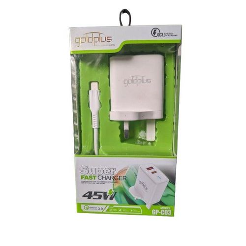 GoldPlus USB-C 45 Watts PD Adapter Super Fast Charger (3 Pin) With Type C to C Cable - White