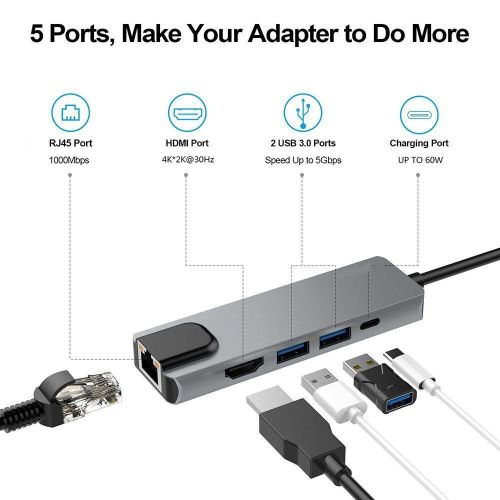 5 in 1 USB C Hub Multiport Adapter with 4K HDMI Output