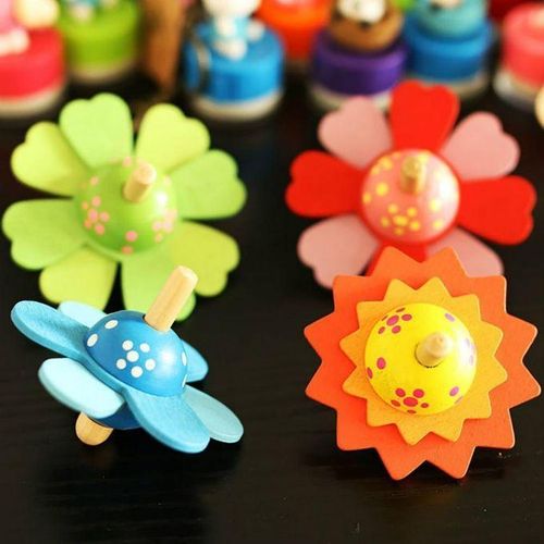 Wooden Colorful Flower Spinning Handmade Gyro Developing Kids Toy(Green)