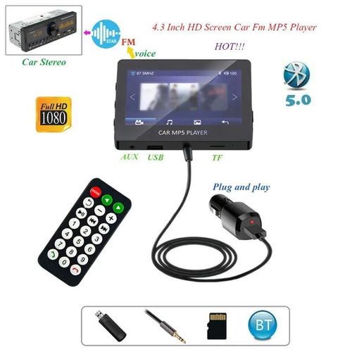 Universal 4.3 inch Bluetooth 5.0 Car FM Transmitters Portable 87.5-108.0Mhz Radio Screen Remote  Control Dual USB AUX U Disk TF