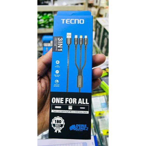 Tecno 3in1 USB Type C,Lighting & Micro Fast USB Charging & Data Cable - Black