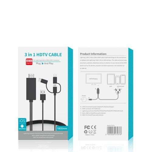 3 in 1 HDMI Adapter Phone to HDMI Cable Type-C/Micro USB/Phone to TV - Black