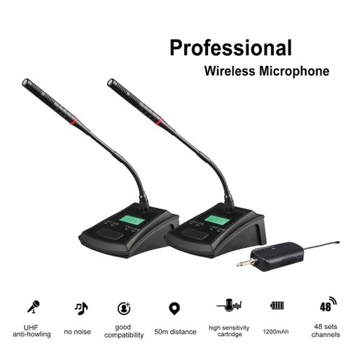 2 Piece Portable Dual Channel Conference Podium Wireless Microphone UHF Desktop Condenser Mic Set for School Church, Business Meeting- Black