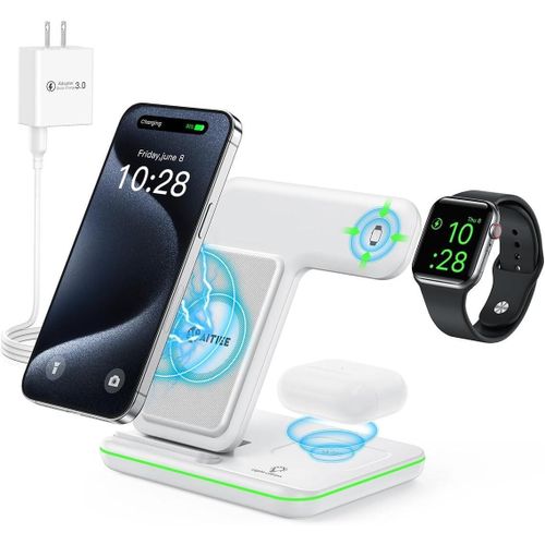 Wireless Charger 3 In 1, 15W Fast Charging Station For Apple Watch 9/8/Ultra 2/Ultra/SE/7/6/5/4/3/2, For AirPods 3/2/Pro/Pro 2, For IPhone 15/14/13 /Plus/Pro/Pro Max/12/11/X/Xr/XS/8 - Black