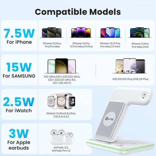 Wireless Charger 3 In 1, 15W Fast Charging Station For Apple Watch 9/8/Ultra 2/Ultra/SE/7/6/5/4/3/2, For AirPods 3/2/Pro/Pro 2, For IPhone 15/14/13 /Plus/Pro/Pro Max/12/11/X/Xr/XS/8 - Black