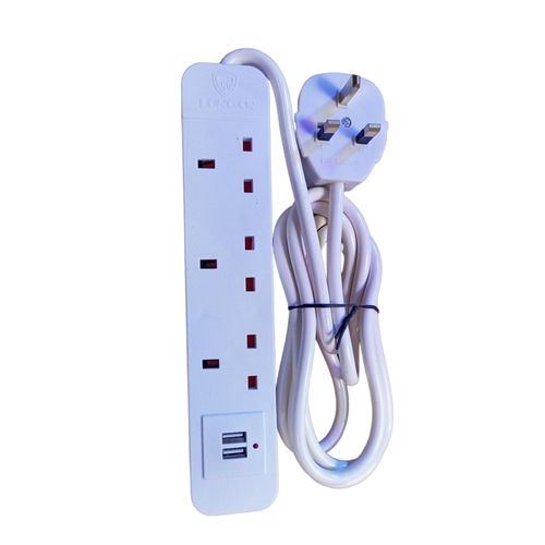 3 Way Power Extension Cable With Usb Charging Ports - White