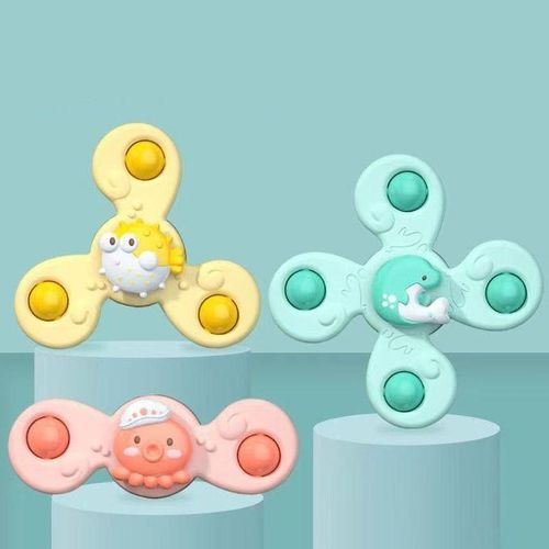 3 Piece Baby Bath Suction Cup Top Spin Spinning Top Toy Animals Kids