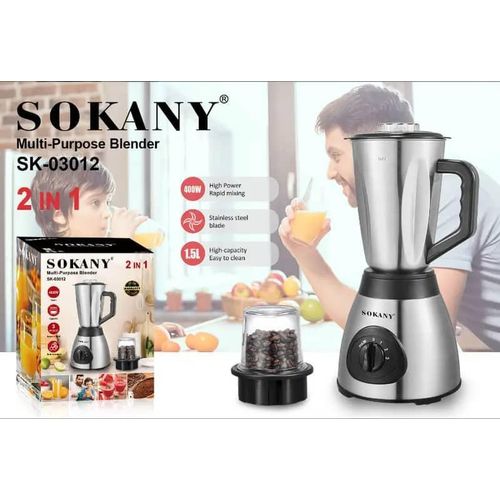 Sokany 2 In 1 Blender Grinder With Unbreakable Jars 3 Speeds 400W 1.5Litre Juicer- Multicolor