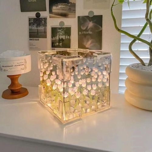 New Acrylic Tulip Night Handmade DIY Magic Cube Tulips Flower Table Lamp Creative 21 Flowers Mirror Birthday Gifts