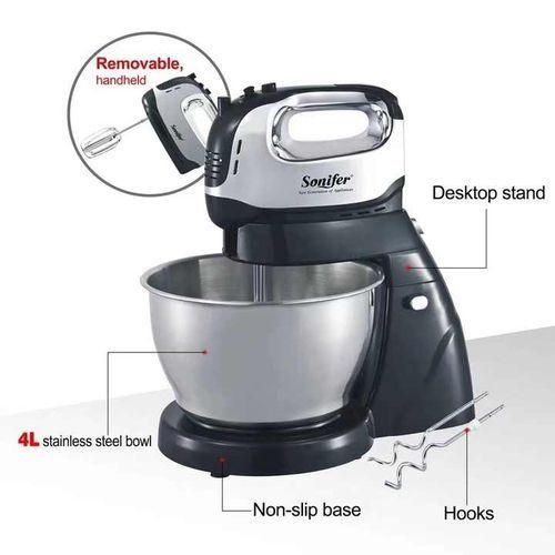 Sonifer 4L Electric Dough Hand Stand Mixer Food Processor With Bowl- Silver .