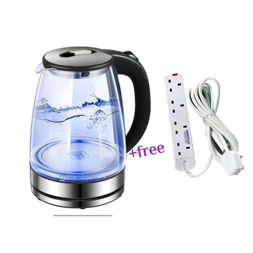 Original 2L Glass Electric Kettle With LED Blue Light Plus A Free 4way Extension- Silver , Black
