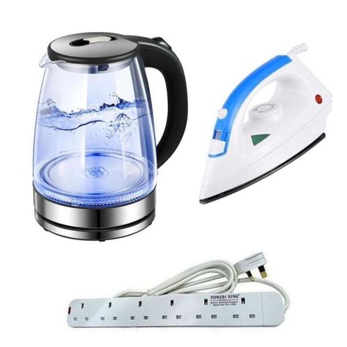 Original 2L Glass Electric Kettle With LED Blue Light Plus A 6way Heavy Duty And Durable Extension Cable And A  Non Stick Steam Flat Iron - Silver , Black