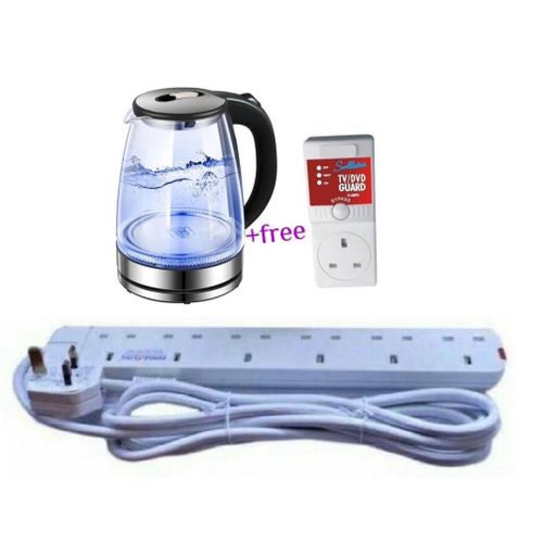 Pack Of Original 2L Glass Electric Kettle With LED Blue Light With A 6Way Extension And A Free TV Guard- Silver , Black
