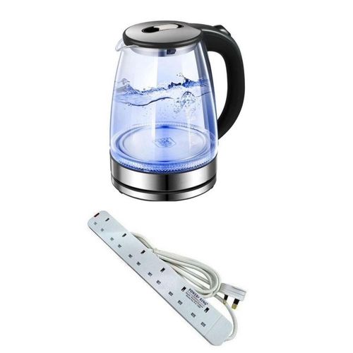 Pack Of Original 2L Glass Electric Kettle With LED Blue Light And A 6Way Power Extension Cable- Silver , Black