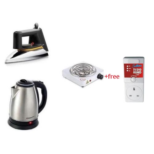 Original 2L Electric Kettle, Flat Iron & Single Coil Hotplate Plus A Free TV Guard - Silver