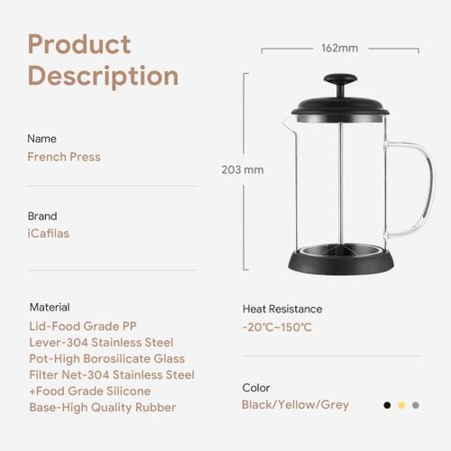 Stainless Steel Glass Teapot French Coffee Tea Percolator Fi