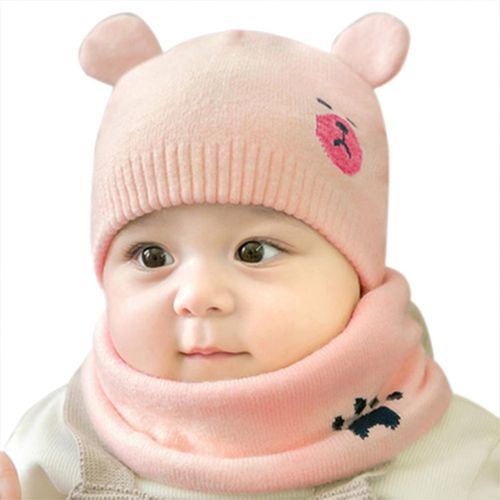 Baby Winter Caps Scarf Suits Warm Knitted Beanie Cap Cute Cartoon Bear Beanie New,Pink NO5115