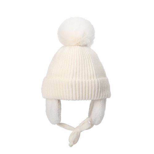 Winter Kids Hat with Plush Ear Flap Knitting Thick Beanie Cap Rib Cuff Pom Lined Warm Hat Gift for Christmas New Year's New,White NO5119