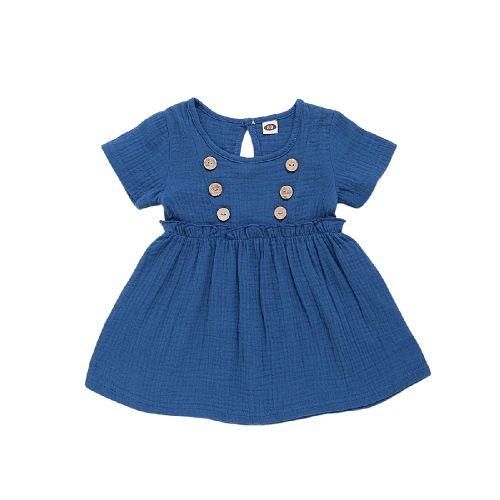 03 Years Infant Baby Girl DressSolid Color Cotton And Linen Short Sleeve Dress