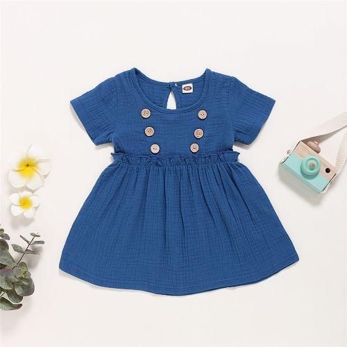 03 Years Infant Baby Girl DressSolid Color Cotton And Linen Short Sleeve Dress
