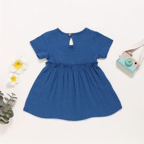 03 Years Infant Baby Girl DressSolid Color Cotton And Linen Short Sleeve Dress