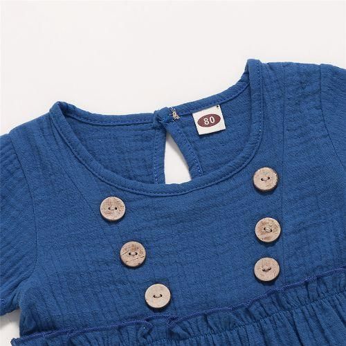 03 Years Infant Baby Girl DressSolid Color Cotton And Linen Short Sleeve Dress