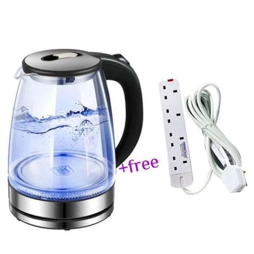 Original 2L Glass Electric Kettle With LED Blue Light + A Free 4way Extension- Silver , Black