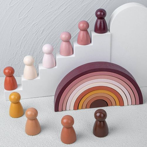10Pcs Kids Wood Rainbow Building Peg Dolls Toy Rainbow Peopl