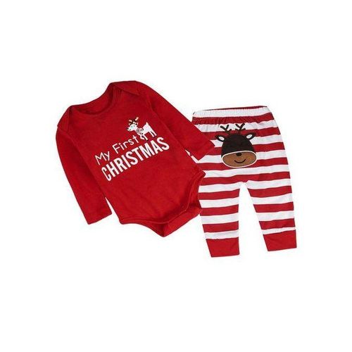 2pcs Baby Girls Boys My First Christmas Rompers Tops Long Pants 80 Red