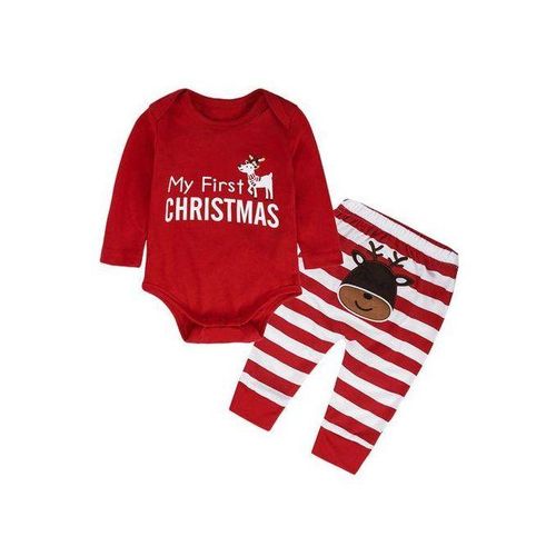 2pcs Baby Girls Boys My First Christmas Rompers Tops Long Pants 80 Red
