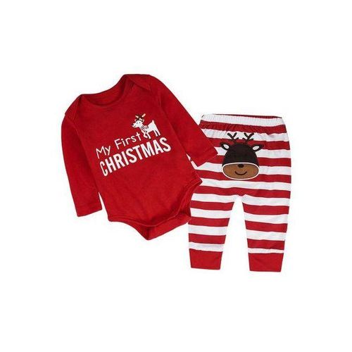 2pcs Baby Girls Boys My First Christmas Rompers Tops Long Pants 80 Red