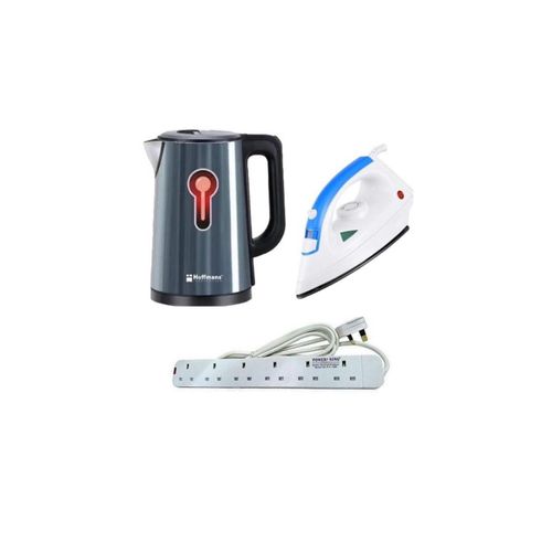Hoffmans Pack Of Original 2.5Ltrs Electric Tea Kettle For Boiling Water Stainless Steel Double Wall Hot Water Boiler with Automatic Shut Off & Boil-Dry Protection Plus A Steam & Dry Flat Iron And A 6 Way Original Power Extension Cable- Multicolor