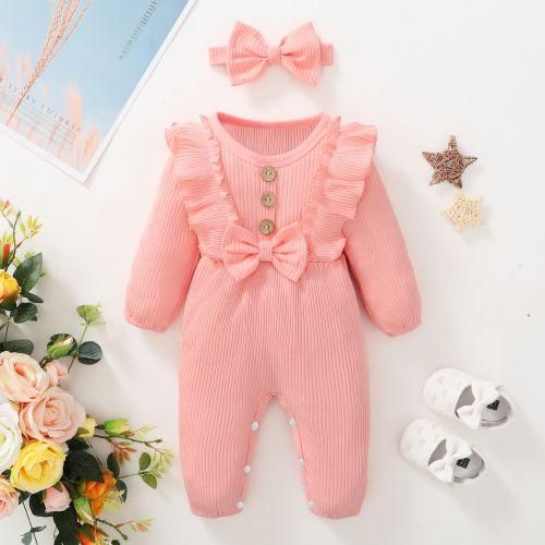 Baby Girls Sold Color Ribbed Long Sleeve Jumpsuit Pink