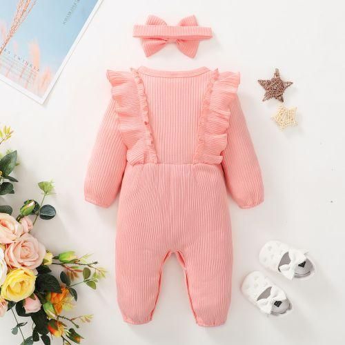 Baby Girls Sold Color Ribbed Long Sleeve Jumpsuit Pink