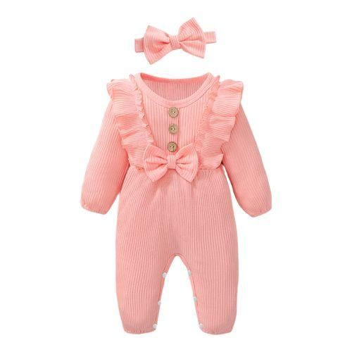 Baby Girls Sold Color Ribbed Long Sleeve Jumpsuit Pink