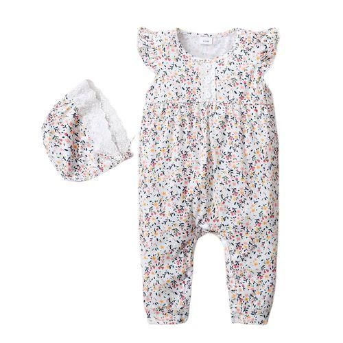 Baby Girls Ditsy Floral Sleeveless Romper With Hat