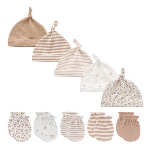 Kiddiezoom 10 Pieces Newborn 0-6 Months Cotton Baby Gloves+Hats Sets Unisex Girl Boy Anti-Scratch Mittens Soft Print Cartoon