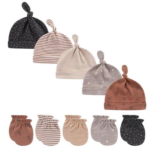 Kiddiezoom 10 Pieces Newborn 0-6 Months Cotton Baby Gloves+Hats Sets Unisex Girl Boy Anti-Scratch Mittens Soft Print Cartoon