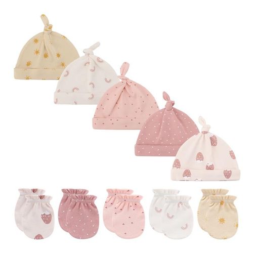 Kiddiezoom 10 Pieces Newborn 0-6 Months Cotton Baby Gloves+Hats Sets Unisex Girl Boy Anti-Scratch Mittens Soft Print Cartoon